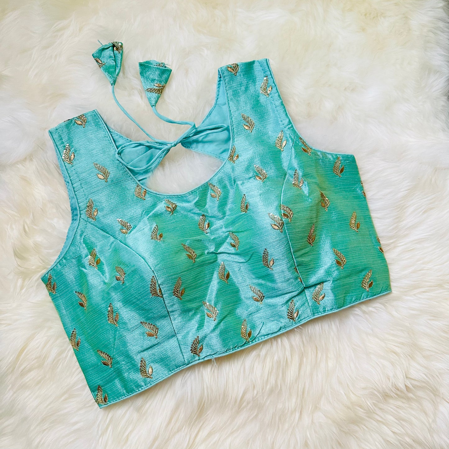 Refreshing Mint Green Raw Silk Blouse with Golden Aari Embroidery