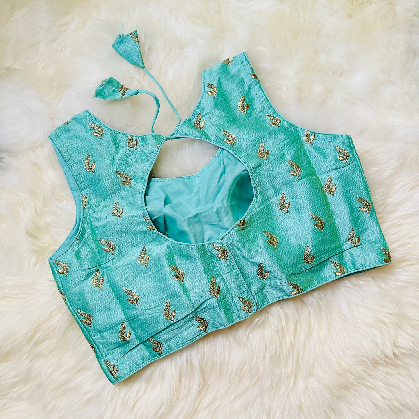 Refreshing Mint Green Raw Silk Blouse with Golden Aari Embroidery