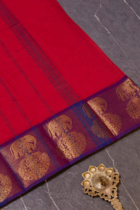 Pink and Purple Chettinad Cotton Saree with Elegant Zari Borders