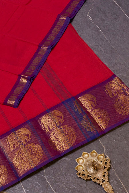Pink and Purple Chettinad Cotton Saree with Elegant Zari Borders