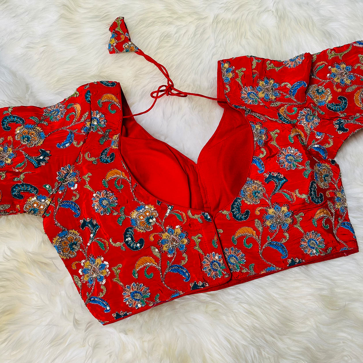 Radiant Red Crepe Designer Blouse with Appliqué & Sequins Work (Size 32–40)