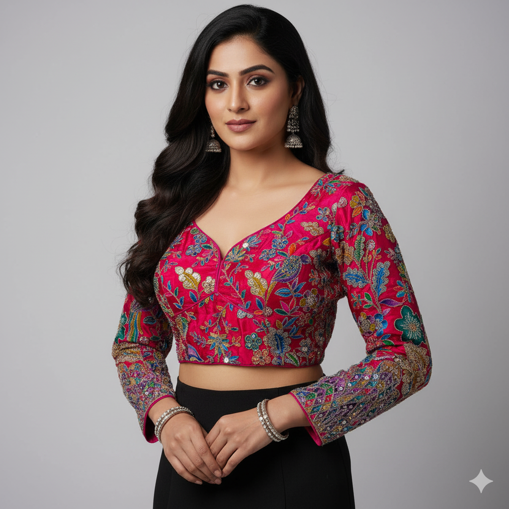 Luxury Pink Pure Crepe Blouse with Multicolour Appliqué & Sequins – Full Sleeves, Party Wear