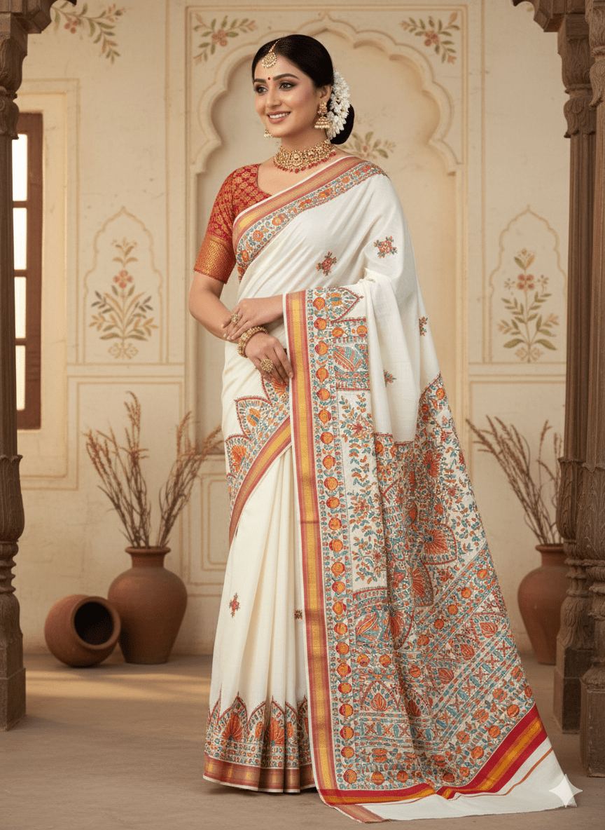 Artistic Madhubani Kerala Cotton Saree – Handcrafted Ivory Elegance with Multicolour Designs - swadeshsouq.com