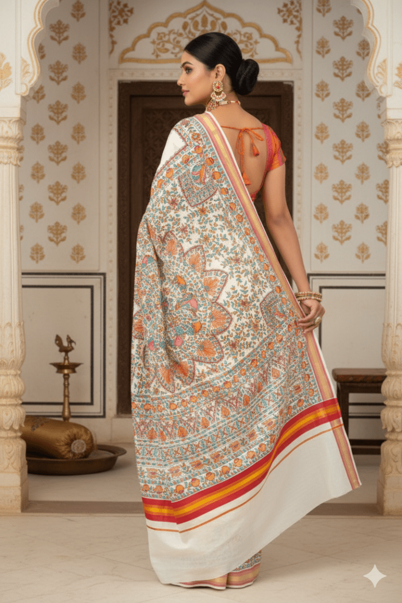 Artistic Madhubani Kerala Cotton Saree – Handcrafted Ivory Elegance with Multicolour Designs - swadeshsouq.com