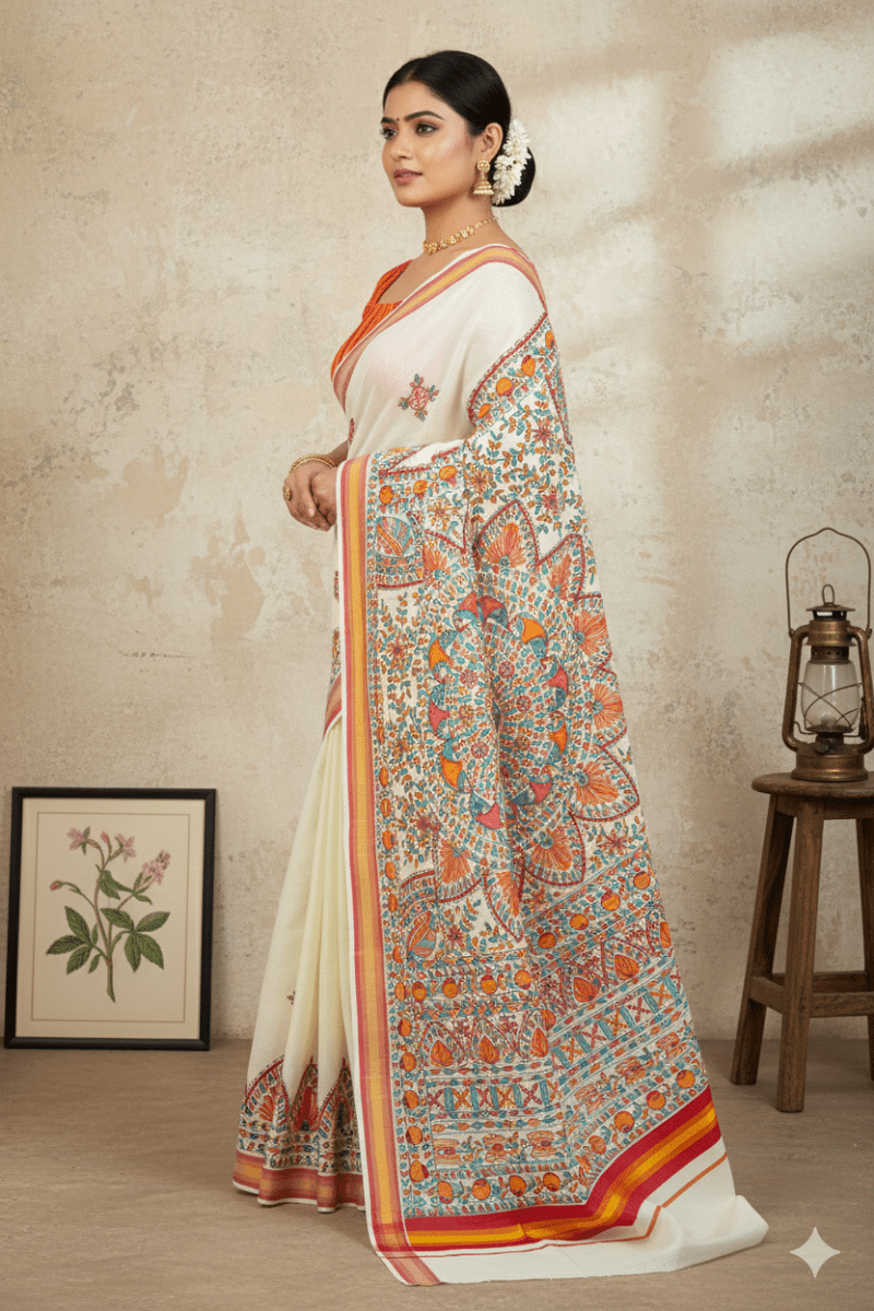 Artistic Madhubani Kerala Cotton Saree – Handcrafted Ivory Elegance with Multicolour Designs - swadeshsouq.com