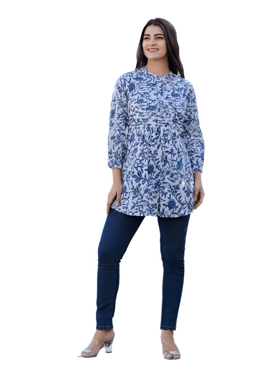 Azure Elegance Premium white Cotton Handblock Top - swadeshsouq.com
