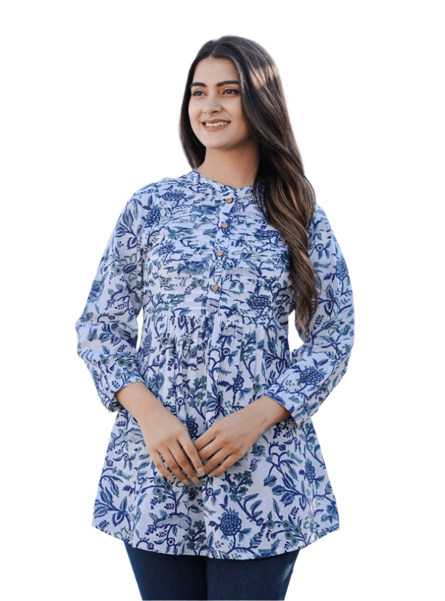 Azure Elegance Premium white Cotton Handblock Top - swadeshsouq.com