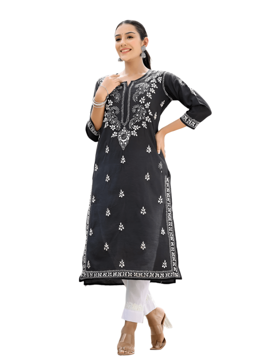 Black Lucknowi Chikankari Cotton Kurta Pant Set - swadeshsouq.com