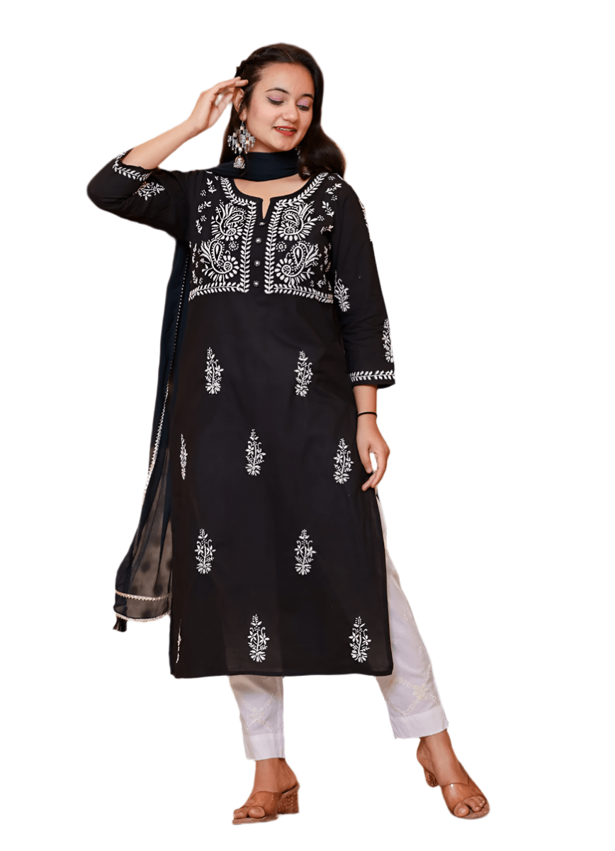 Black Lucknowi Chikankari Kurta Pant Set with Dupatta - swadeshsouq.com