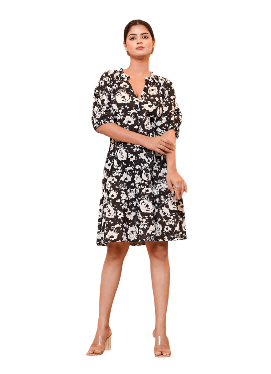 Blooming Elegance Black Floral Printed Cotton Melta Dress - swadeshsouq.com