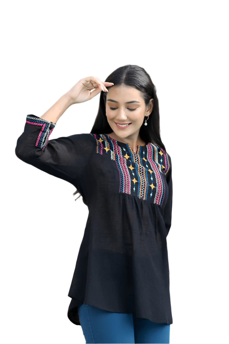 Classic Charm Black Solid Cotton Top - swadeshsouq.com