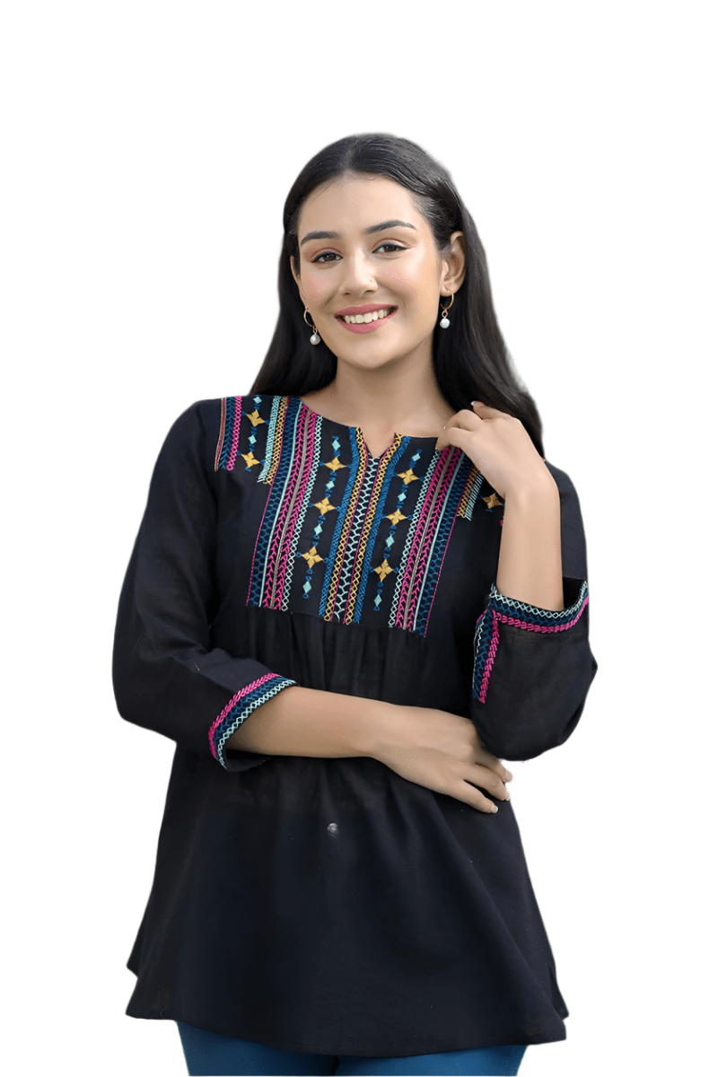 Classic Charm Black Solid Cotton Top - swadeshsouq.com
