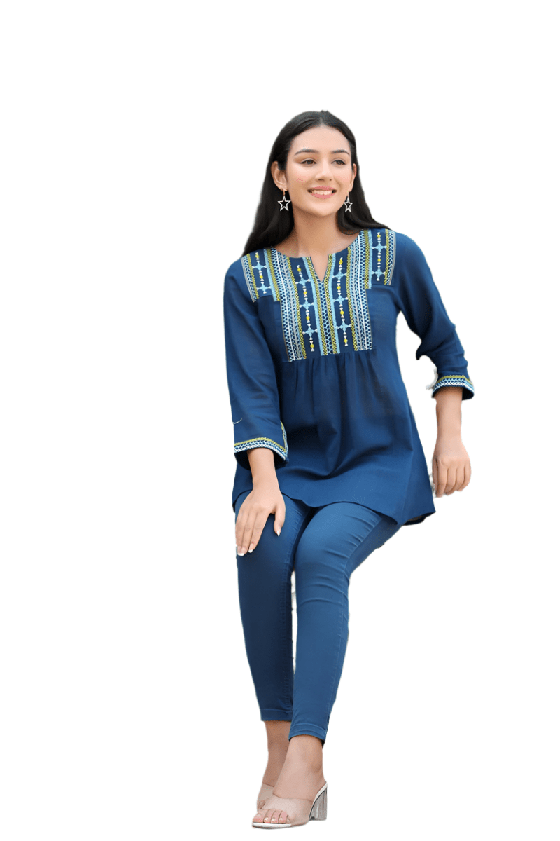 Classic Navy Blue Solid Cotton Top - swadeshsouq.com