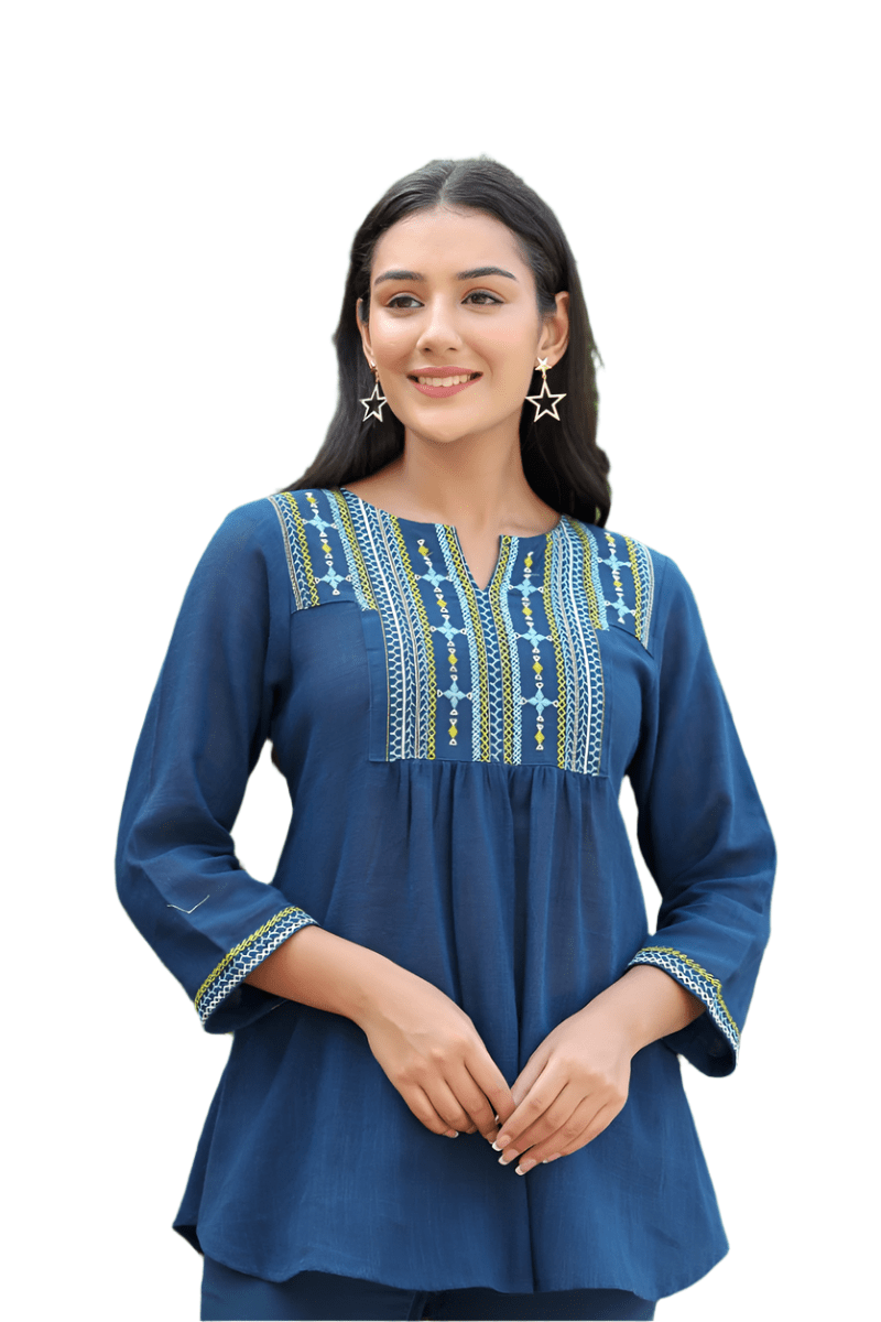 Classic Navy Blue Solid Cotton Top - swadeshsouq.com