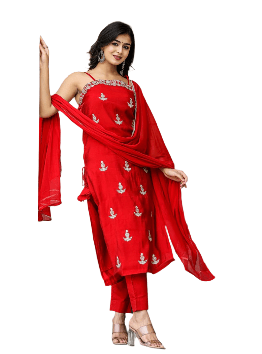 Crimson Charm Sleeveless Silk Kurta Pant Set with Dupatta - swadeshsouq.com