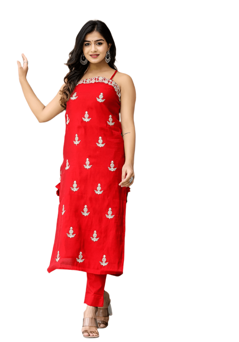 Crimson Charm Sleeveless Silk Kurta Pant Set with Dupatta - swadeshsouq.com