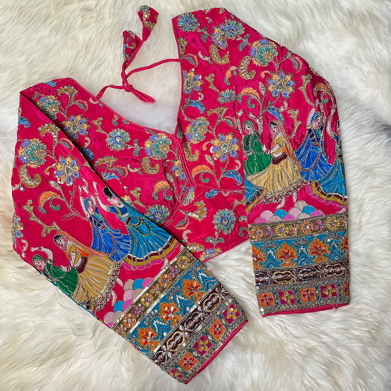 Pink Crepe Designer Blouse with Appliqué Work, Full Embroidered Sleeves & Sequins Detailing (Size 32–40)