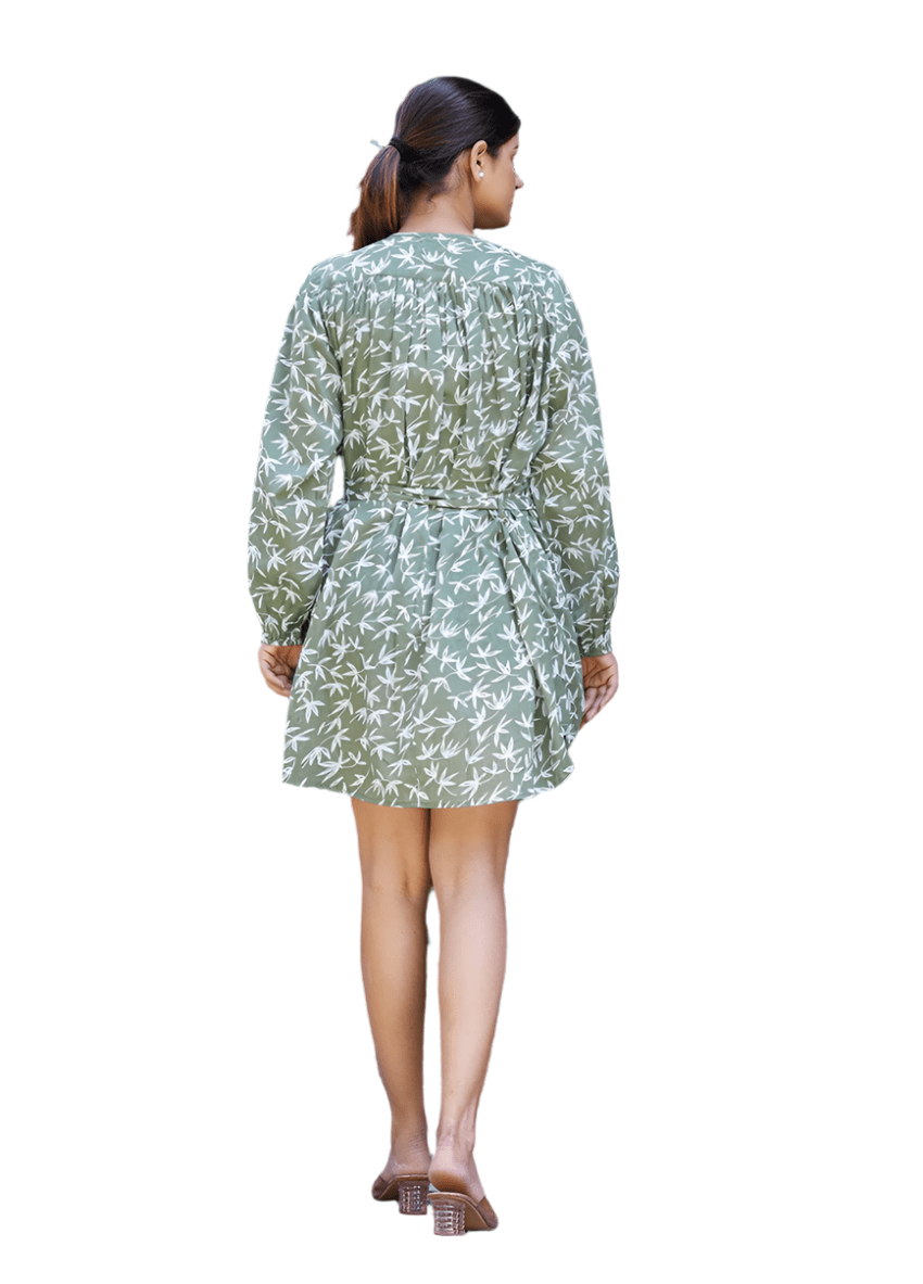 Earthy Charm Khaki Floral Printed Dress - swadeshsouq.com