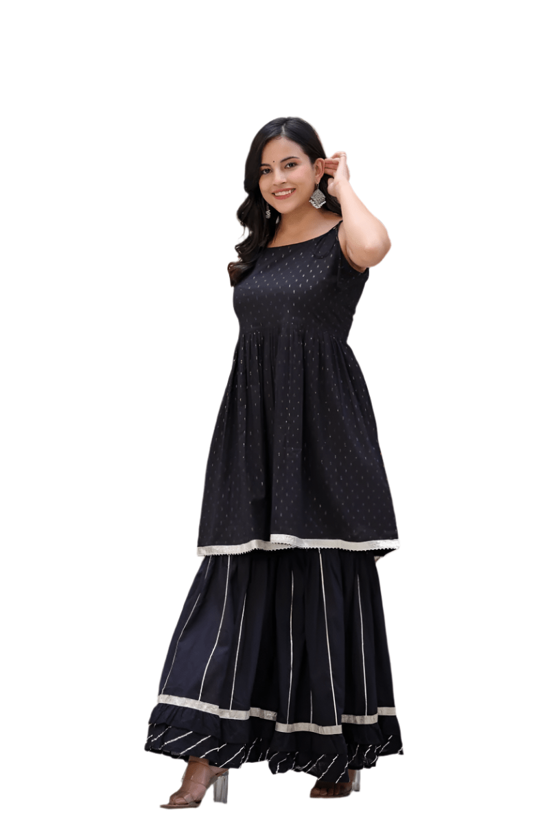 Elegant Black Peplum Kurta Sharara Set (Set of 2) - swadeshsouq.com