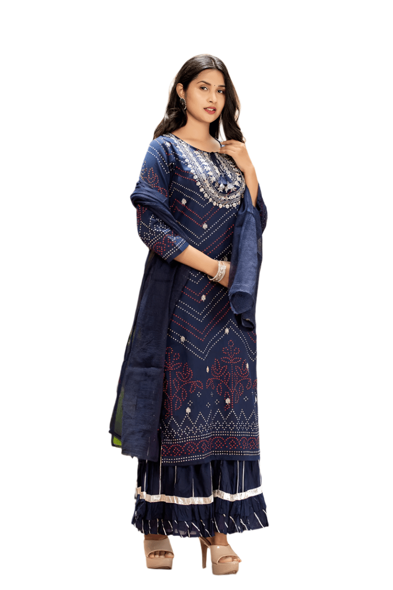 Elegant Navy Blue Embroidered Cotton Kurta Sharara Set with Dupatta - Traditional Chic - swadeshsouq.com
