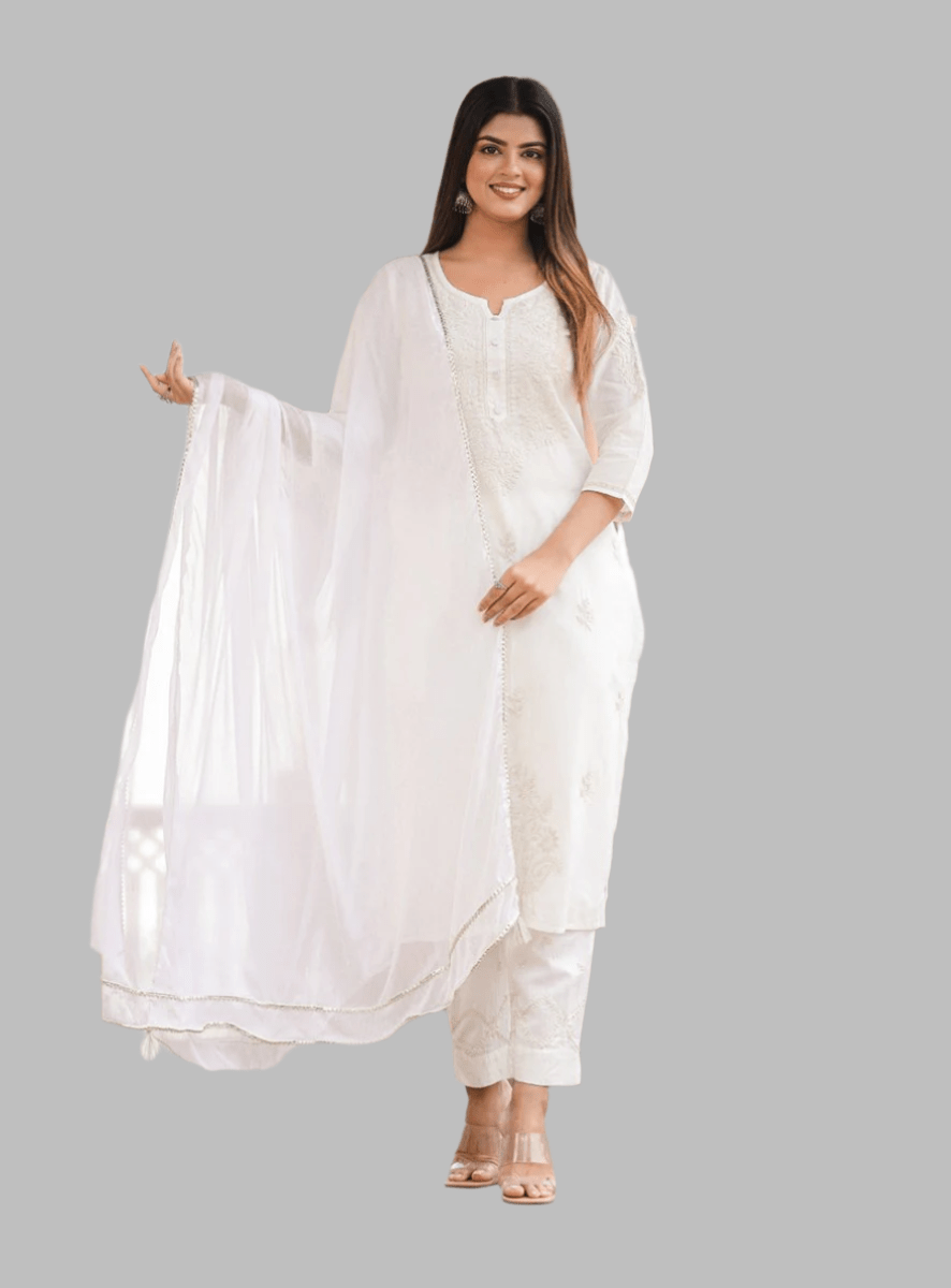 Elegant Off - White Lucknow Chikankari Cotton Kurta Set with Dupatta - swadeshsouq.com