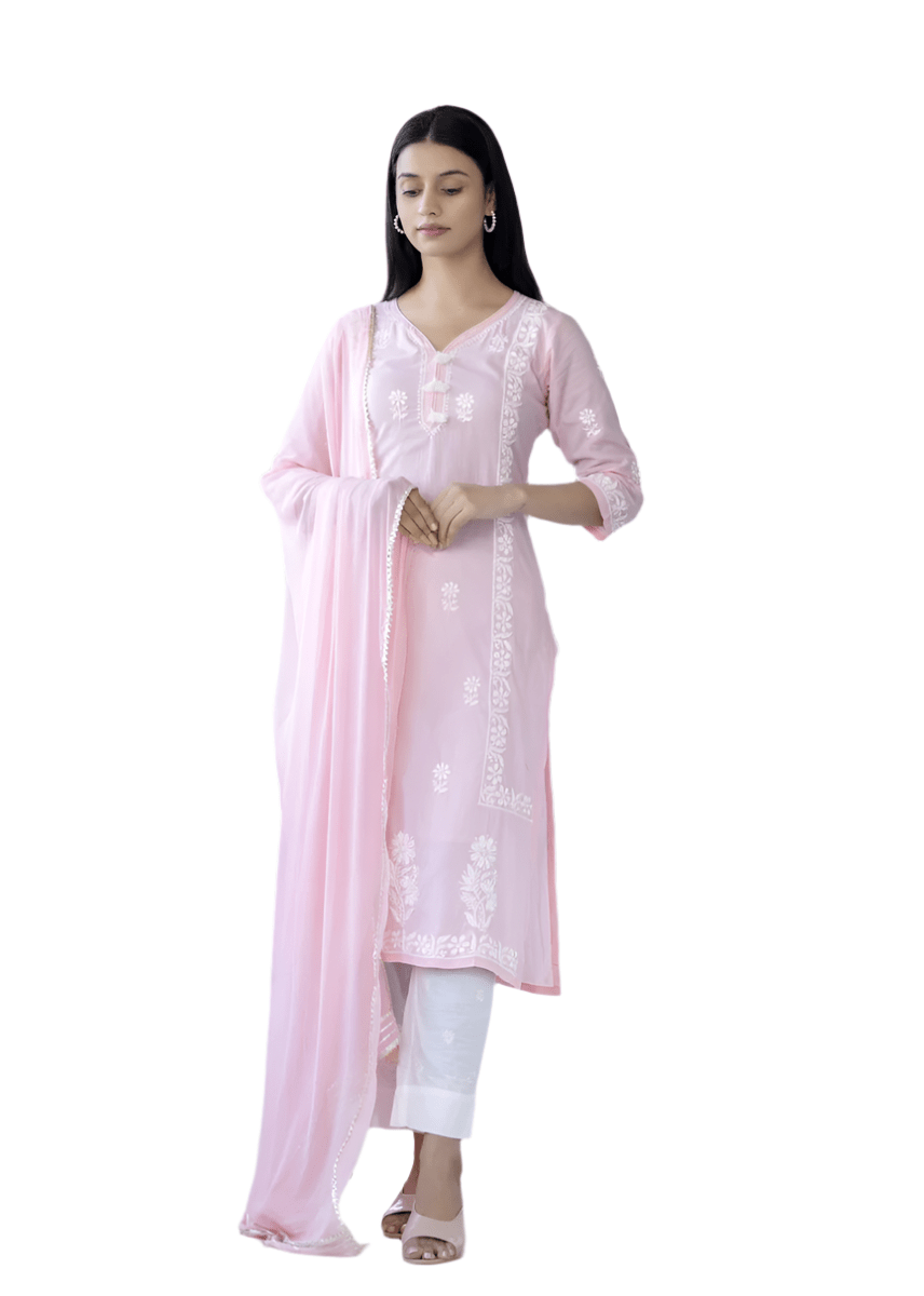 Elegant Pink Cotton Hand Embroidered Chikankari Suit Set for Women - swadeshsouq.com