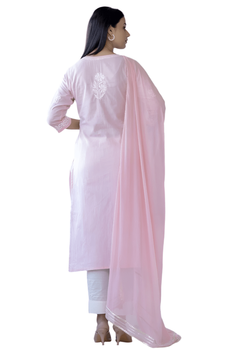 Elegant Pink Cotton Hand Embroidered Chikankari Suit Set for Women - swadeshsouq.com