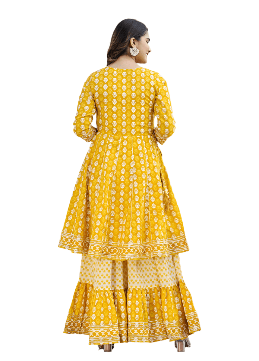 Elegant Yellow Cotton Kurta Sharara Set with Dupatta – 3 - Piece Ensemble - swadeshsouq.com