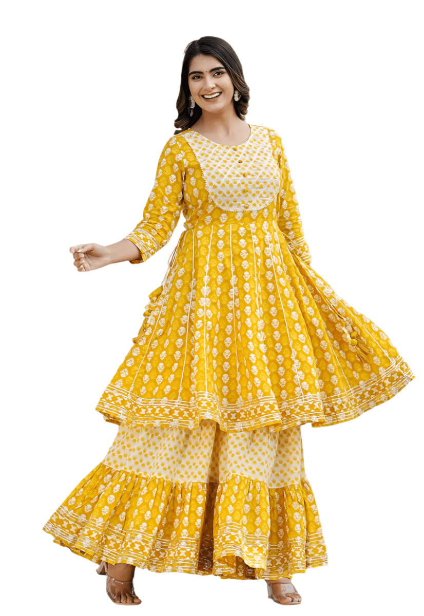 Elegant Yellow Cotton Kurta Sharara Set with Dupatta – 3 - Piece Ensemble - swadeshsouq.com