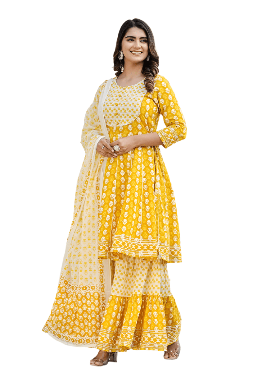Elegant Yellow Cotton Kurta Sharara Set with Dupatta – 3 - Piece Ensemble - swadeshsouq.com