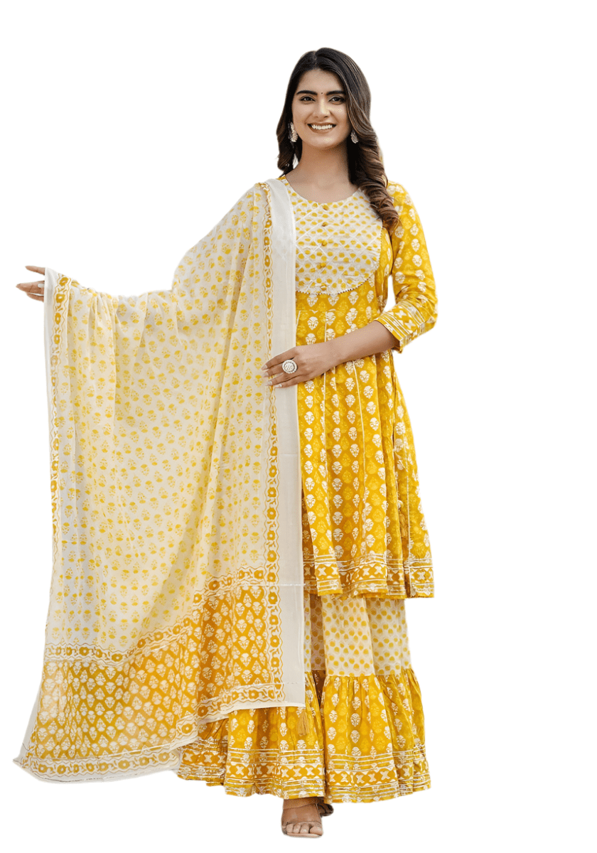 Elegant Yellow Cotton Kurta Sharara Set with Dupatta – 3 - Piece Ensemble - swadeshsouq.com