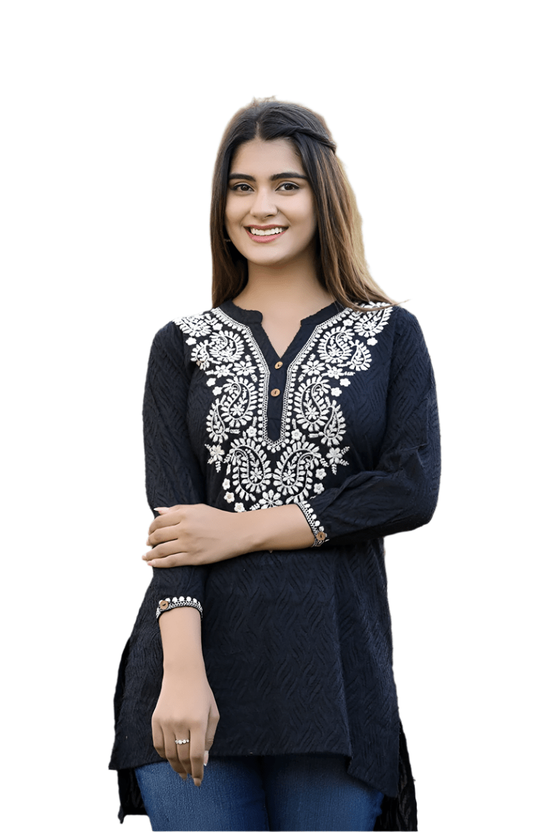 Ethereal Black Chikankari Embroidered Cotton Top - swadeshsouq.com