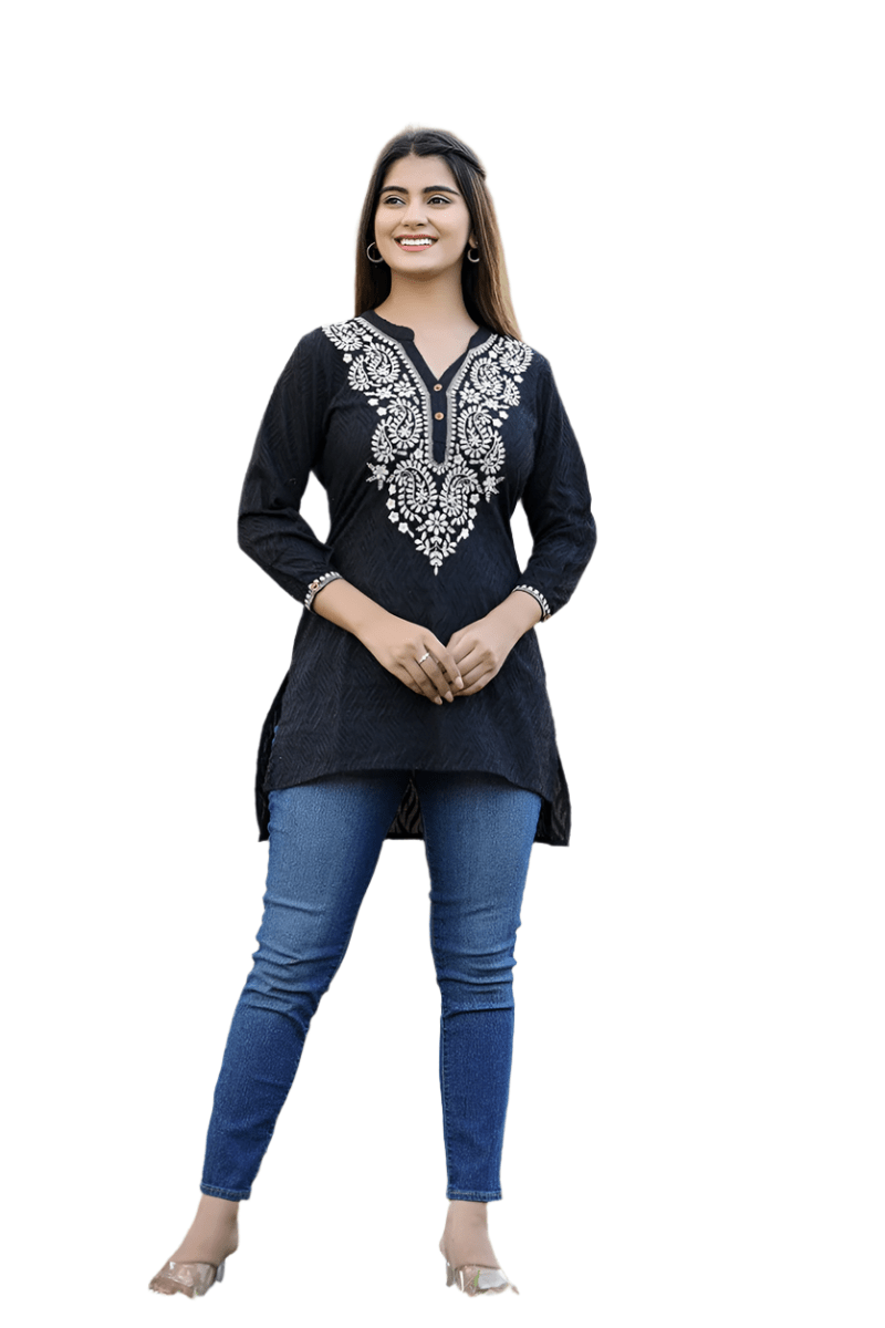 Ethereal Black Chikankari Embroidered Cotton Top - swadeshsouq.com