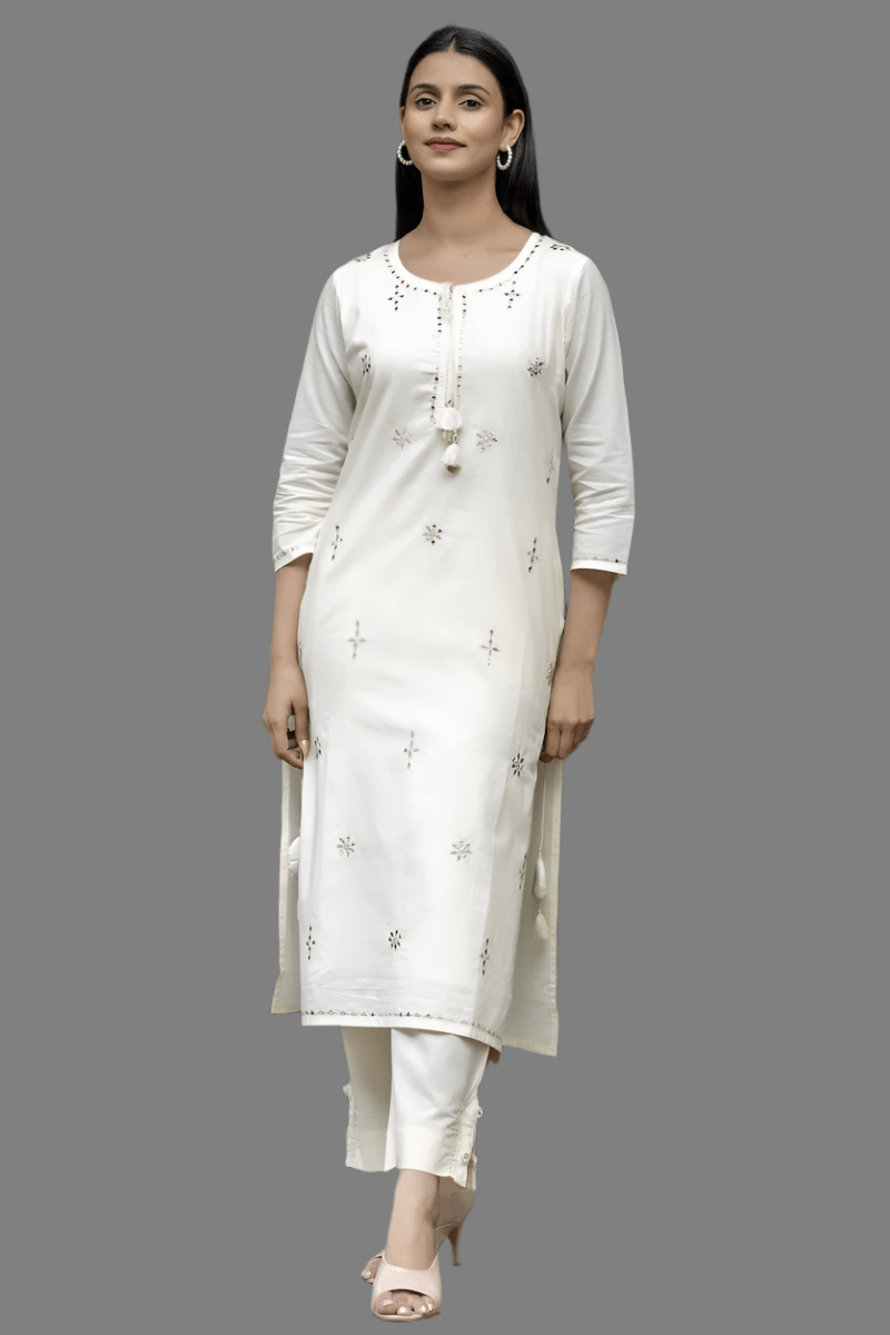 Ethereal Elegance Off - White Mirror Embroidery Cotton Kurta Pant Set with Dupatta - swadeshsouq.com