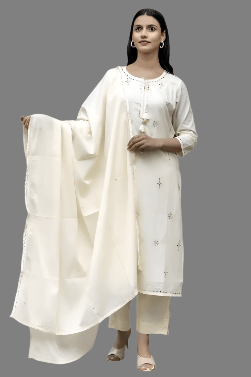 Ethereal Elegance Off - White Mirror Embroidery Cotton Kurta Pant Set with Dupatta - swadeshsouq.com