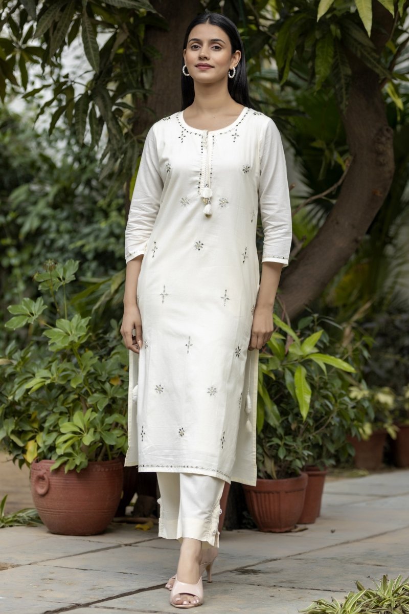 Ethereal Elegance Off - White Mirror Embroidery Cotton Kurta Pant Set with Dupatta - swadeshsouq.com