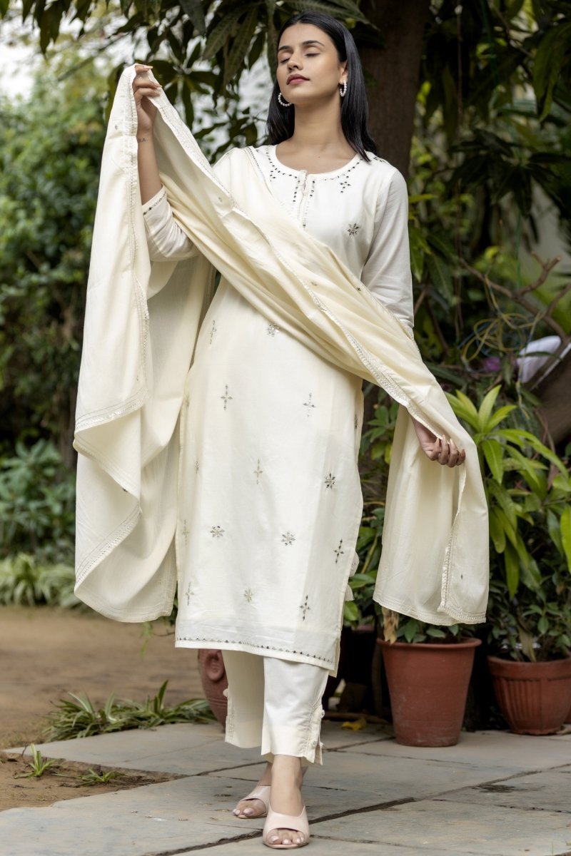 Ethereal Elegance Off - White Mirror Embroidery Cotton Kurta Pant Set with Dupatta - swadeshsouq.com