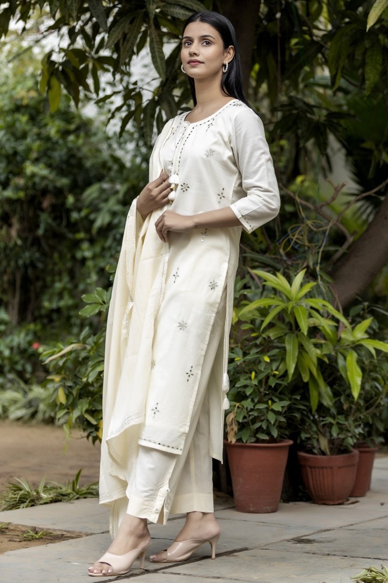 Ethereal Elegance Off - White Mirror Embroidery Cotton Kurta Pant Set with Dupatta - swadeshsouq.com