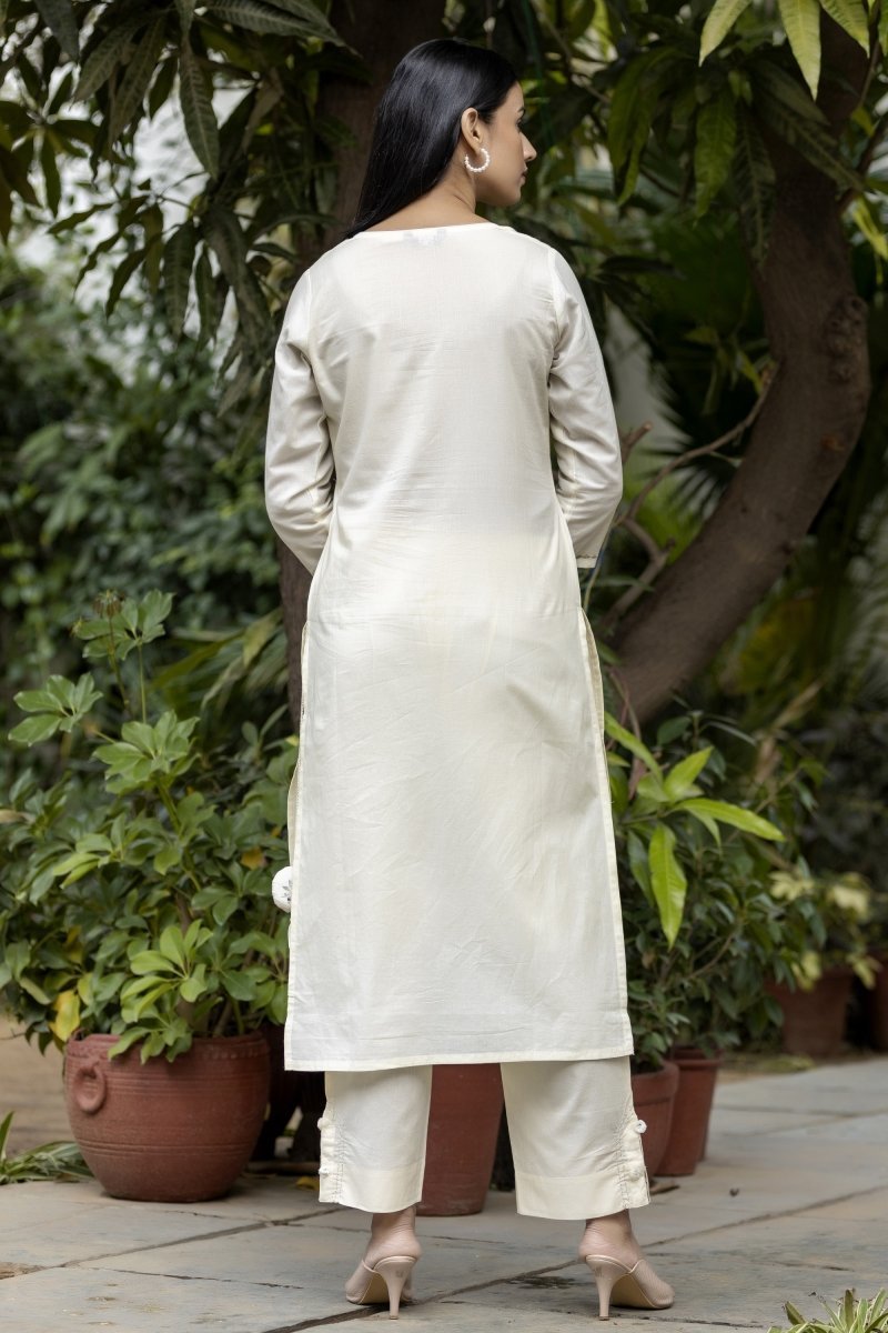 Ethereal Elegance Off - White Mirror Embroidery Cotton Kurta Pant Set with Dupatta - swadeshsouq.com