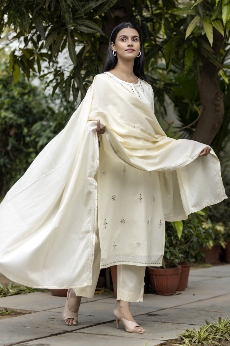 Ethereal Elegance Off - White Mirror Embroidery Cotton Kurta Pant Set with Dupatta - swadeshsouq.com