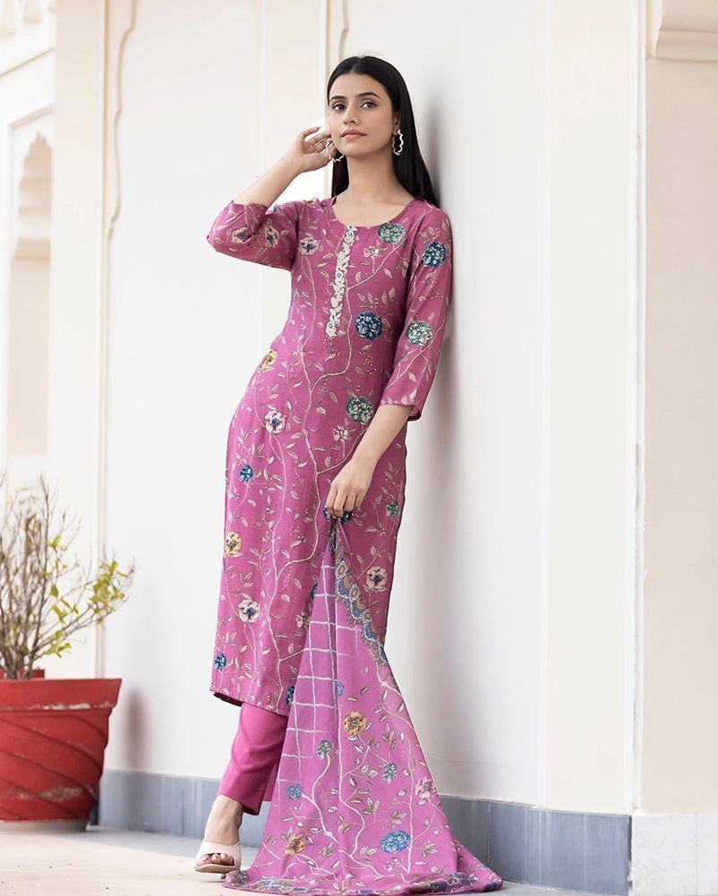 Floral Printed Kurta Pant Set with Dupatta – A Perfect Blend of Elegance and Comfort - swadeshsouq.com