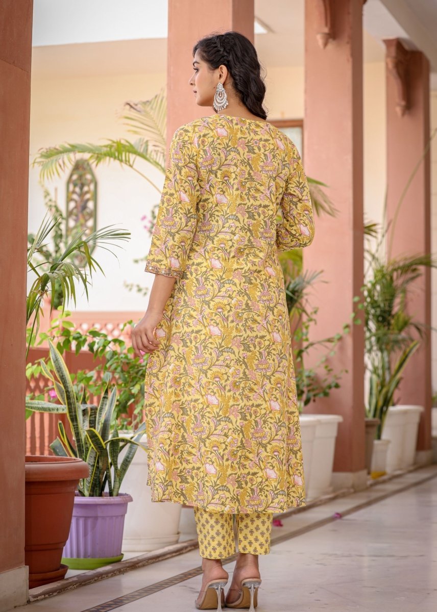 Golden Bloom Floral Cotton Kurta Pant Set with Dupatta - swadeshsouq.com