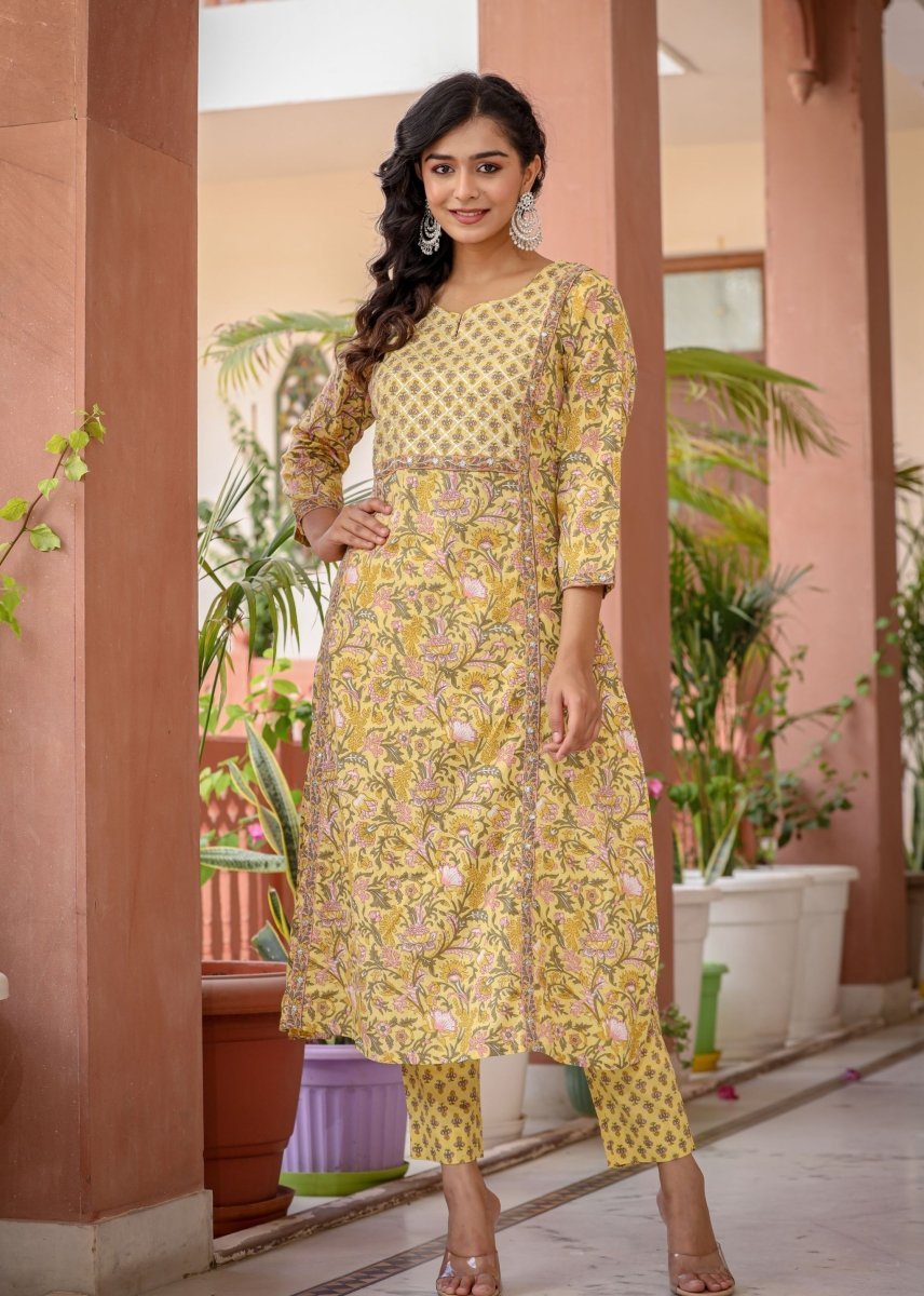 Golden Bloom Floral Cotton Kurta Pant Set with Dupatta - swadeshsouq.com