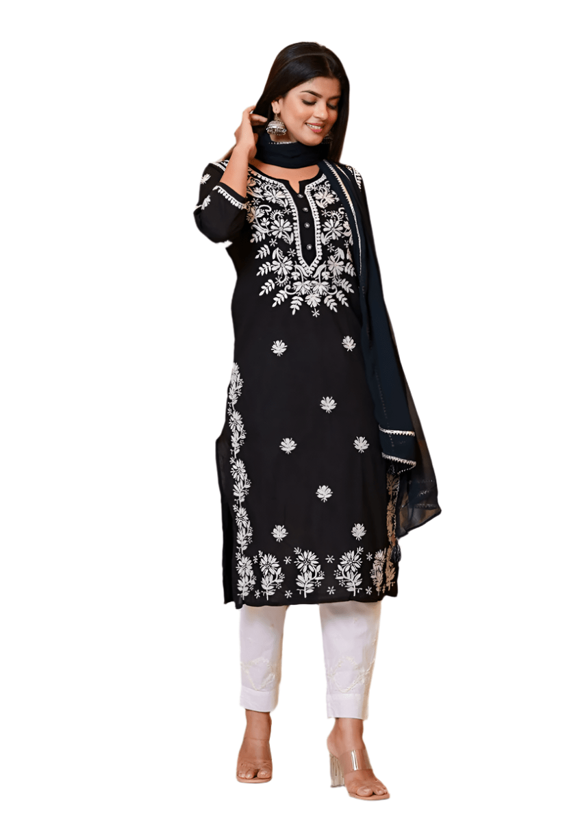 Graceful Black Lucknow Chikankari Kurta Pant Set with Dupatta - swadeshsouq.com