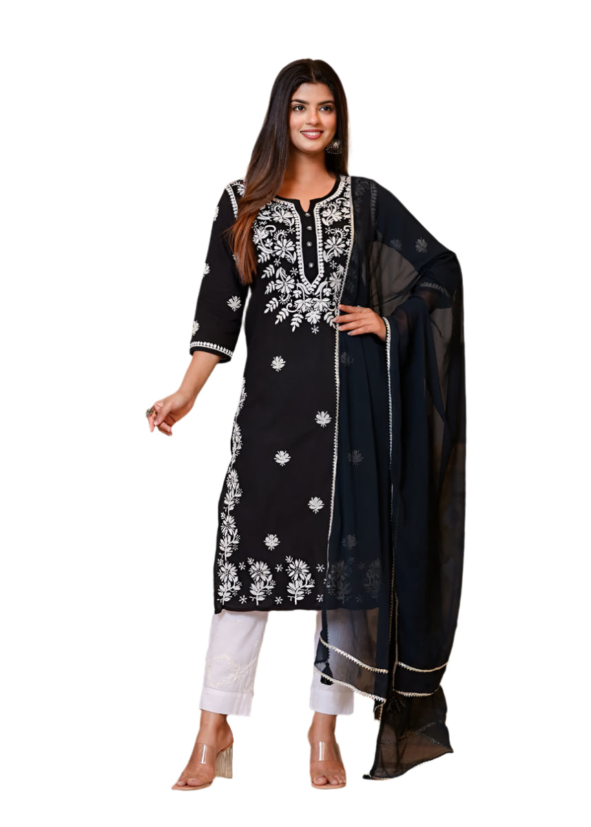 Graceful Black Lucknow Chikankari Kurta Pant Set with Dupatta - swadeshsouq.com