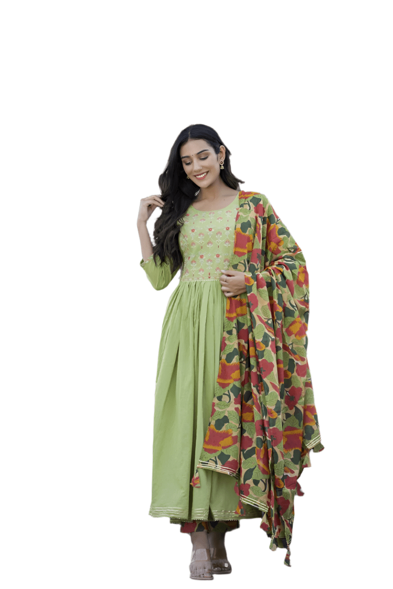 Green Garden Floral Embroidered Cotton Suit Set - swadeshsouq.com