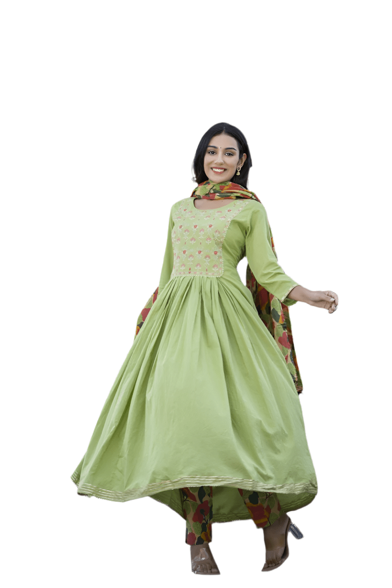 Green Garden Floral Embroidered Cotton Suit Set - swadeshsouq.com