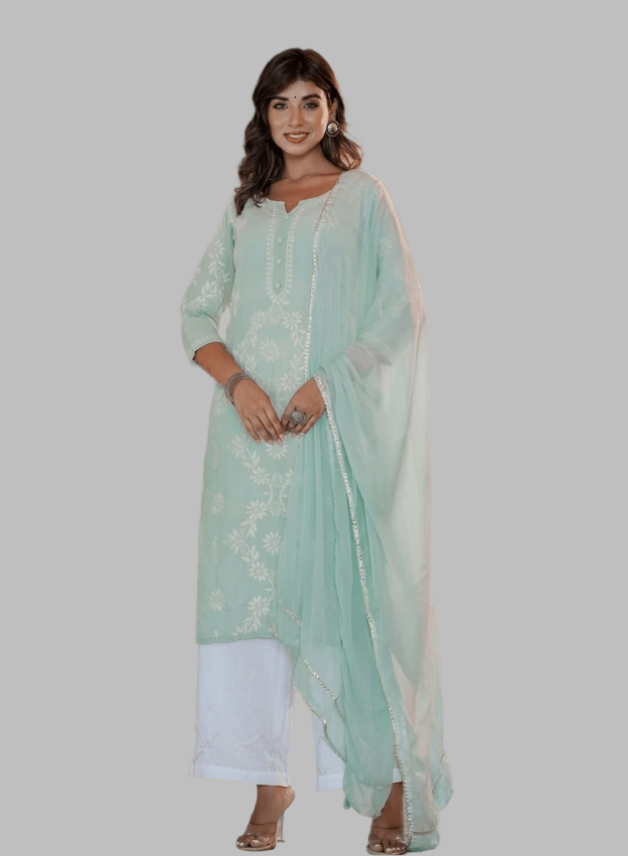 Green Lucknowi Chikankari Suit Set - swadeshsouq.com