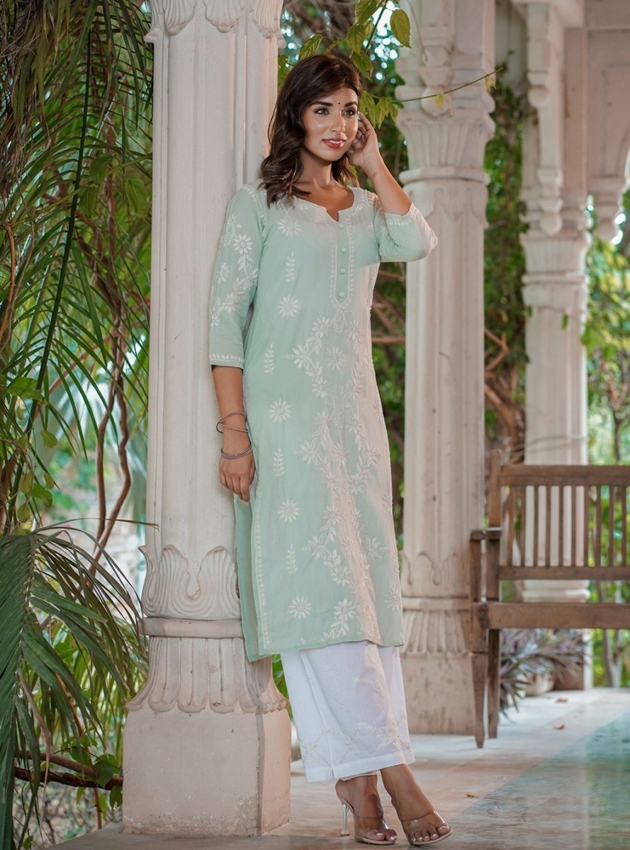 Green Lucknowi Chikankari Suit Set - swadeshsouq.com
