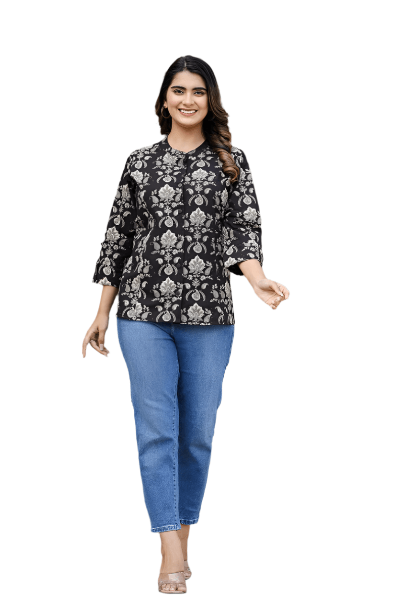 Heritage Vibe Black Ethnic Motif Printed Cotton Top - swadeshsouq.com